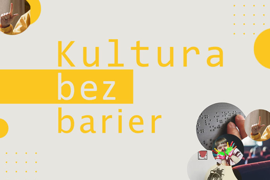 Grafika Kultura bez barier. Żółty napis na beżowym tle. Fotografie korespondujące z dostępnością umieszczone w dolnym, prawym rogu i lewym górnym.